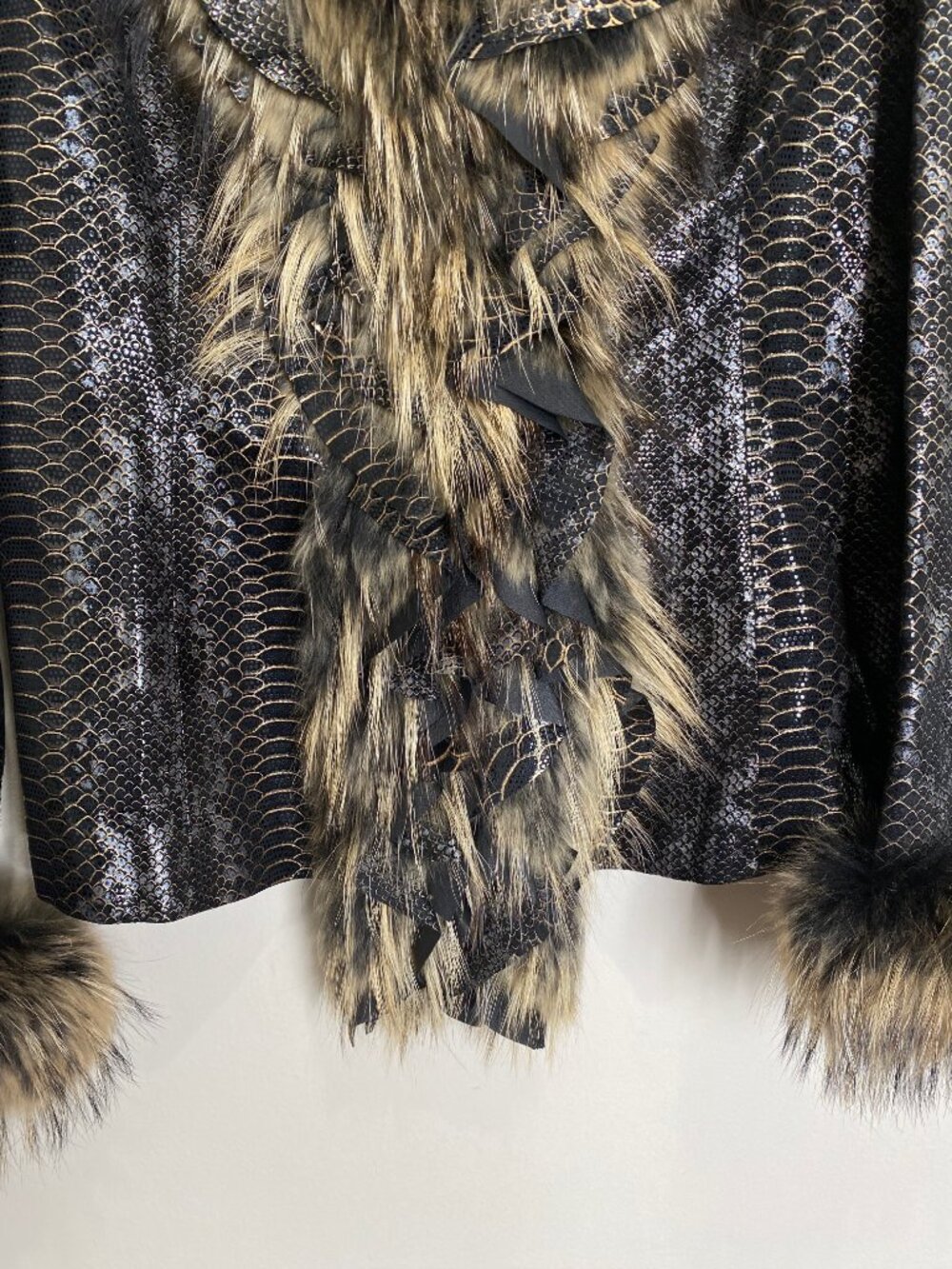 Paolo Santini Vintage Suede Leather Jacket Ruffle Fur Metallic Snake Print 14 - Picture 5 of 11